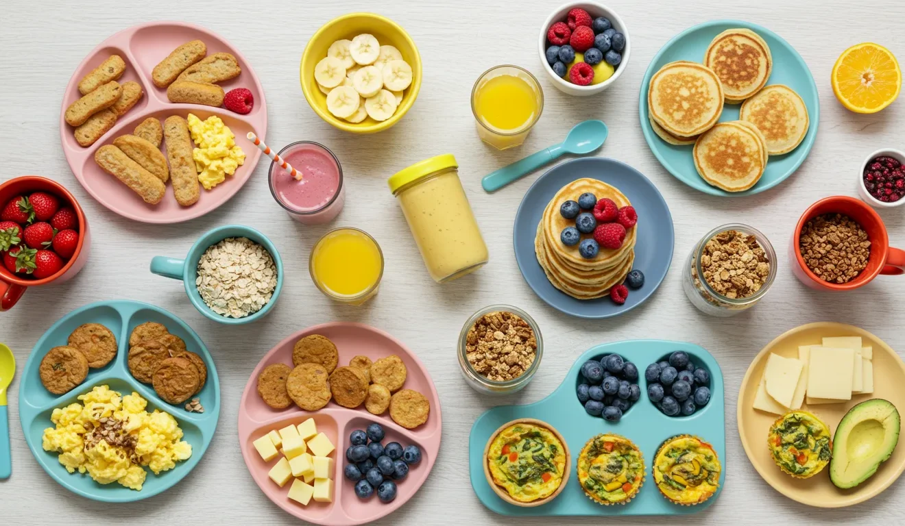 Variety of toddler breakfast ideas including oatmeal, eggs, smoothies