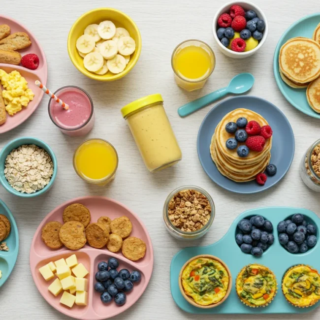 Variety of toddler breakfast ideas including oatmeal, eggs, smoothies