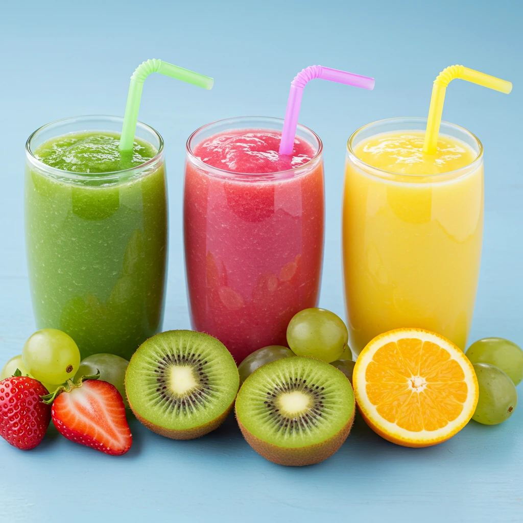 Colorful smoothies for picky toddlers in fun cups with straws