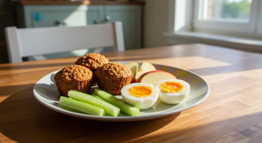 Best Store-Bought vs Homemade Toddler Snacks (Parent Guide) 3 Homemade toddler snacks with muffins, fruit, and boiled egg