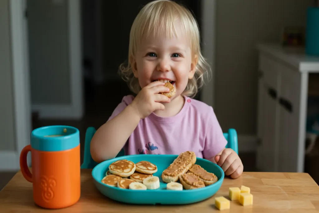 Toddler eating finger foods for breakfast