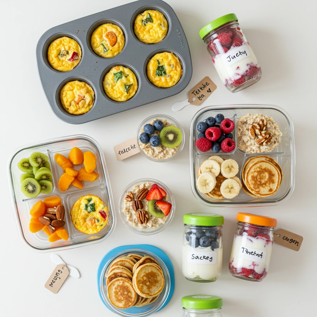 Toddler breakfast meal prep containers labeled for the week