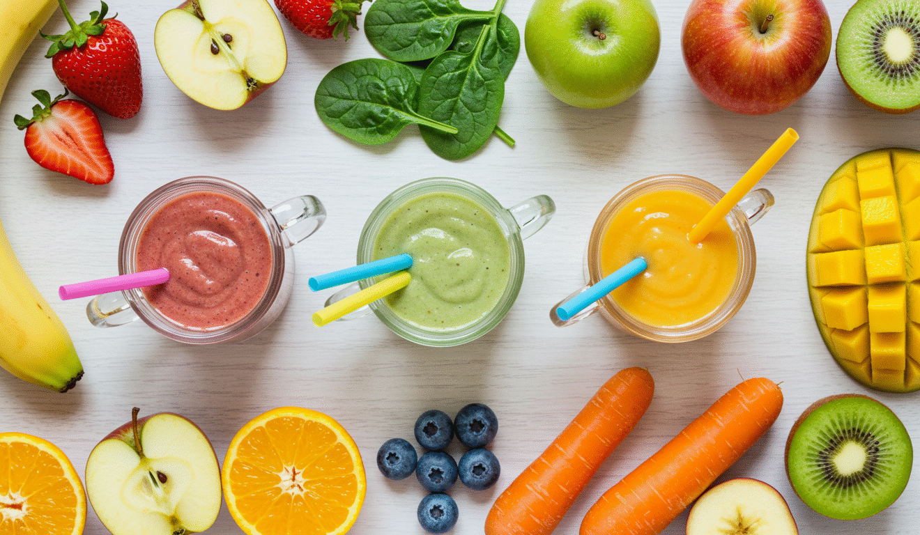 Toddler breakfast smoothies with fruits, veggies, and protein for kids