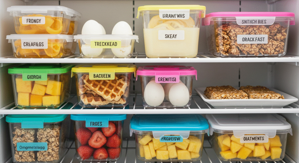 Prepped toddler finger food breakfast in labeled fridge containers