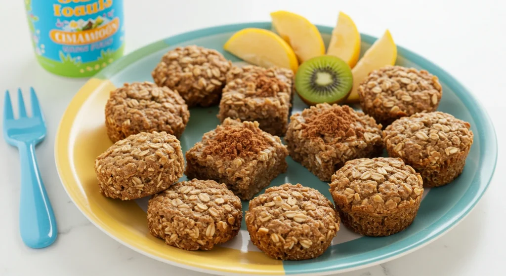 Toddler-friendly oatmeal snacks including baked bites and mini muffins