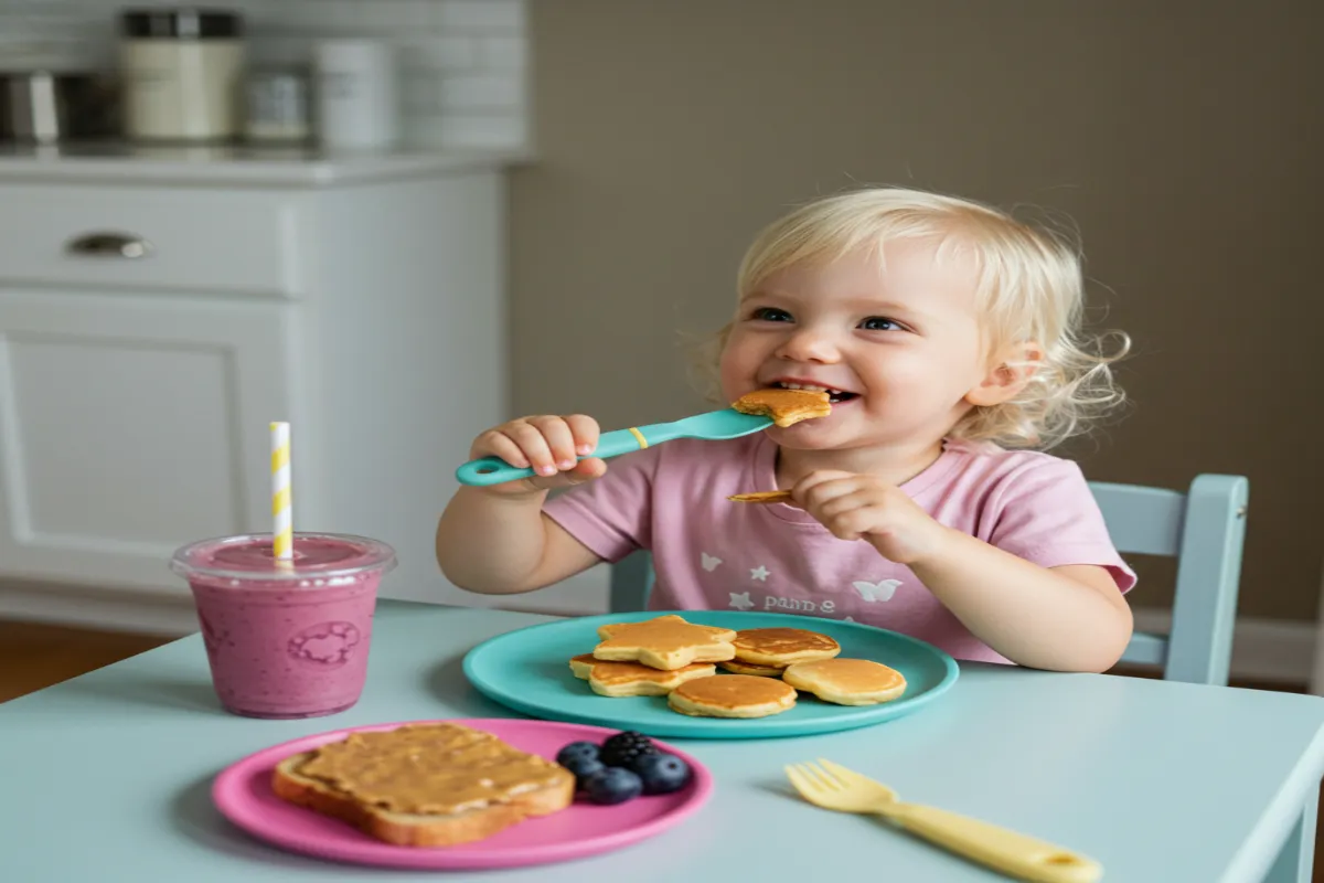 Toddler eating fun-shaped pancakes and fruit for breakfast