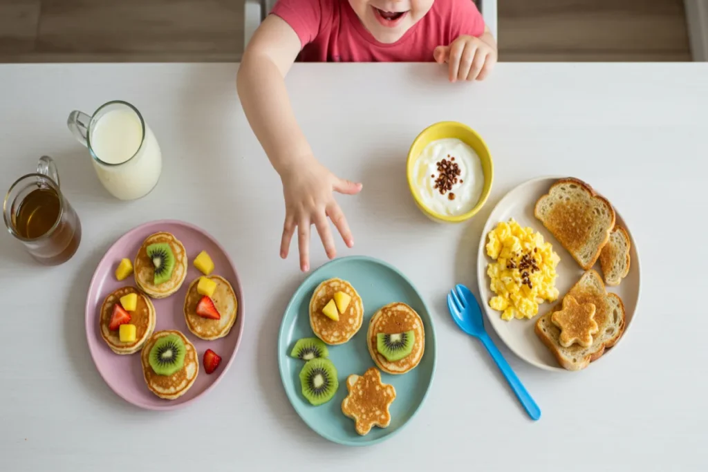 Toddler breakfast finger foods with pancakes, fruit, toast, and egg bites for self-feeding