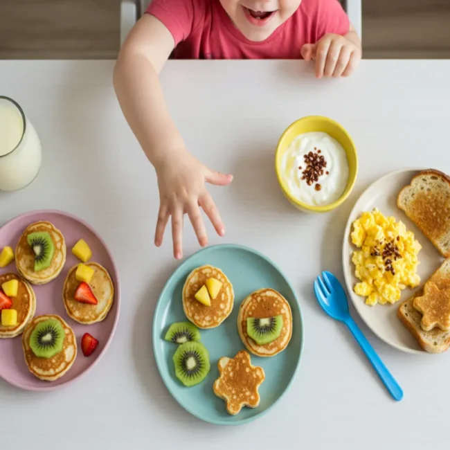 Toddler breakfast finger foods with pancakes, fruit, toast, and egg bites for self-feeding