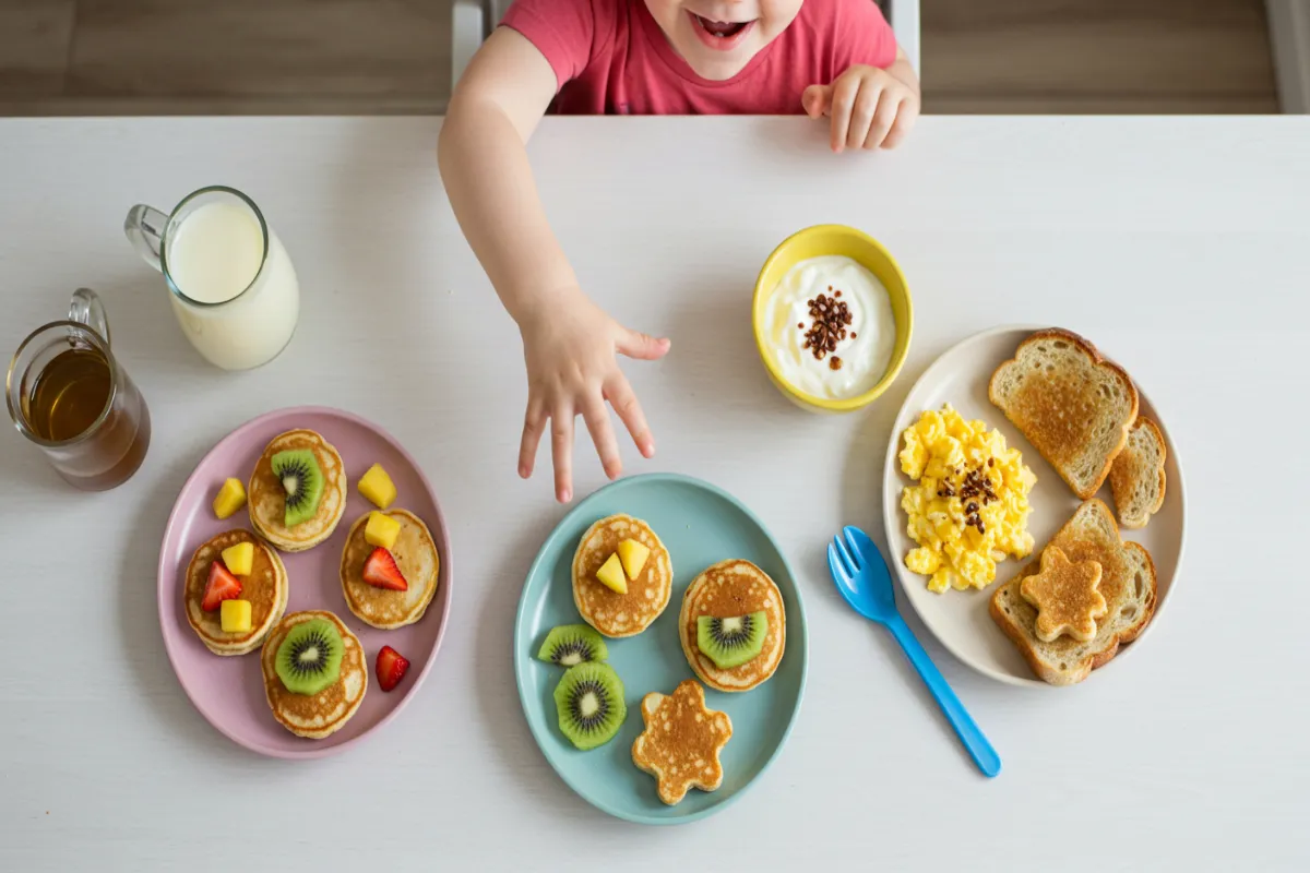 Toddler breakfast finger foods with pancakes, fruit, toast, and egg bites for self-feeding