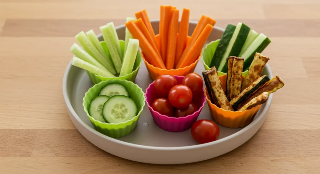 Vegetable finger foods for toddlers with carrots, cucumbers, and zucchini fries