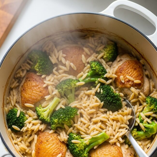 One Pot Chicken Broccoli and Orzo