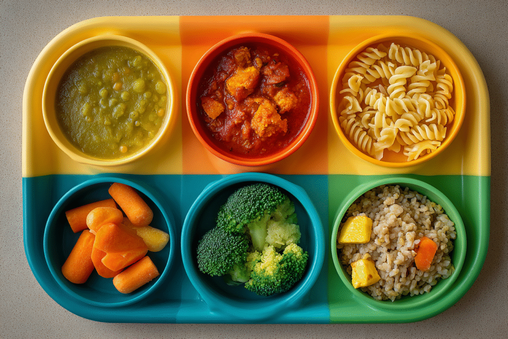 Vegetarian toddler dinner plate with lentils, tofu, veggies, pasta, and soft bite-sized foods.