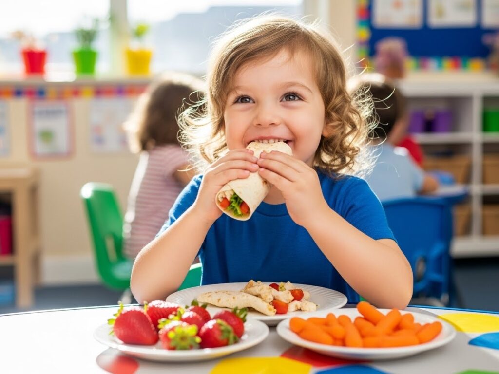 3-year-old eating a balanced toddler lunch with chicken wrap and fruit
